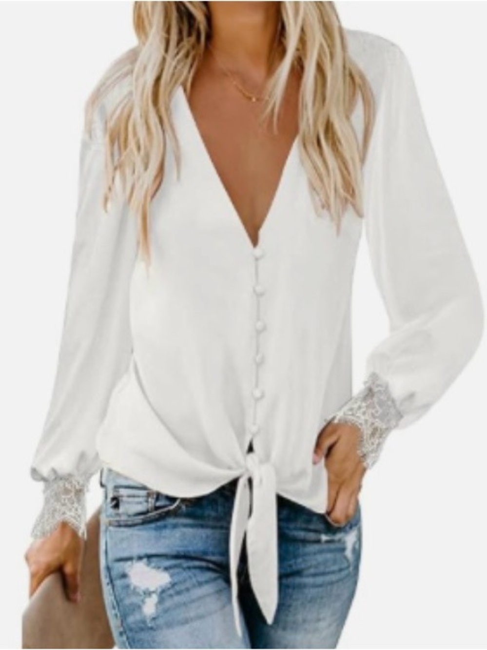 Women's Faux Silk White V-Neck Tie-Front Blouse Sm NWT offers accepted!